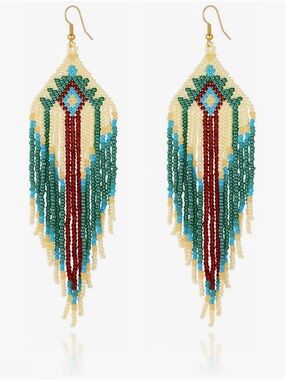 Beaded Fringe Teardrop Earrings in Cream, Green, Turquoise & Red